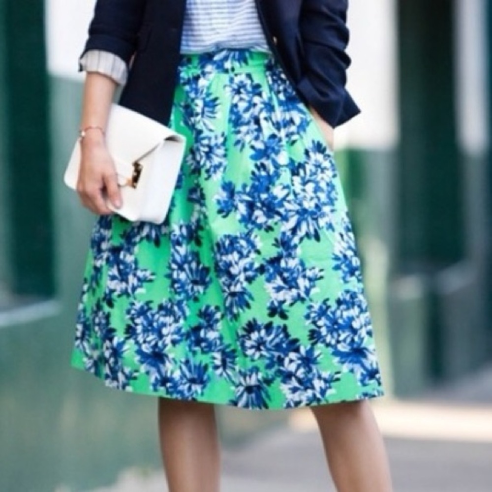J. Crew Patio Midi Skirt in Photo Floral Green and Blue Women’s  Size 00 XXS XS